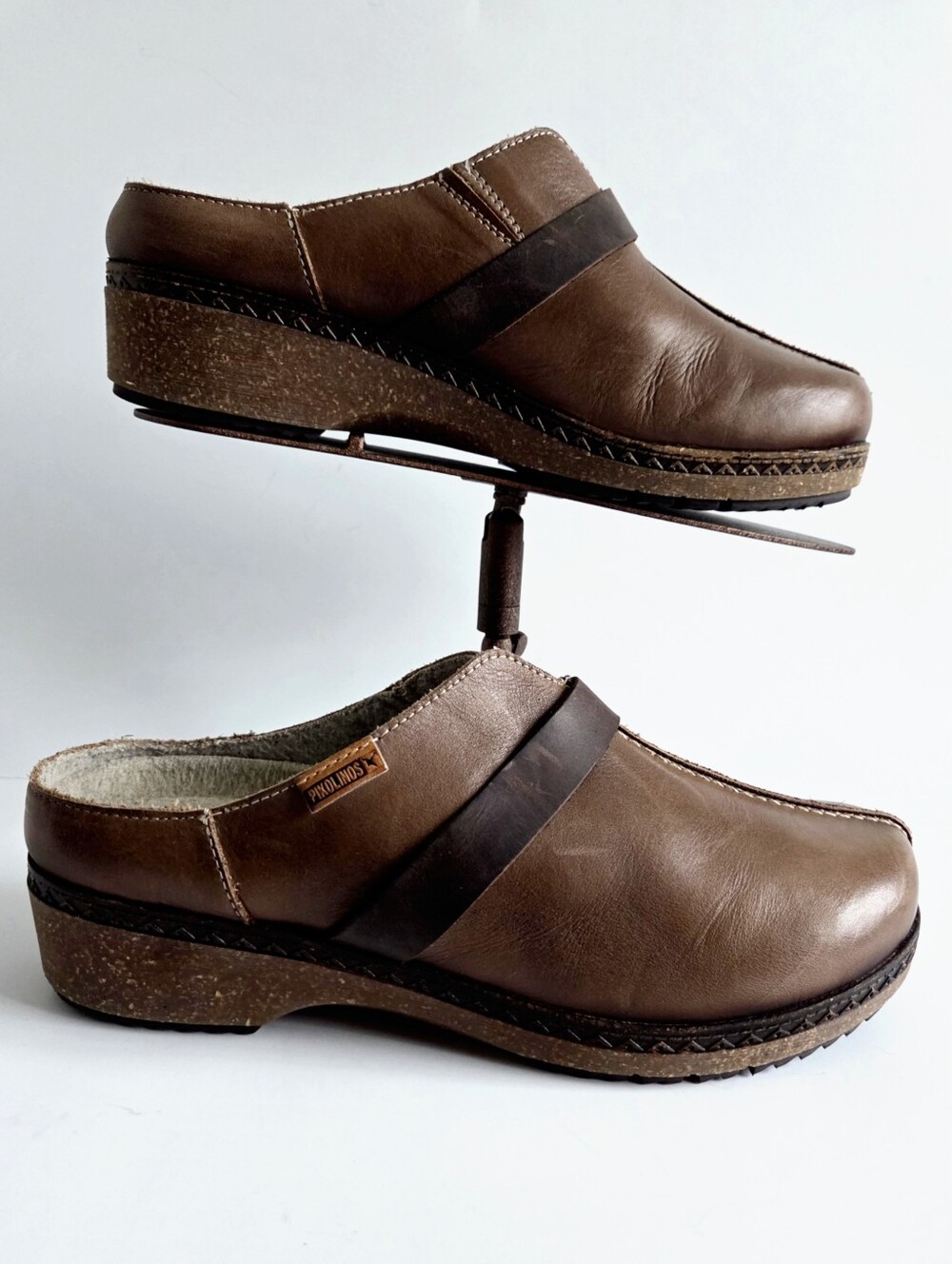 PIKOLINOS Granada Medium Heel Brown Leather Slip-On Clogs, Size 39 EU 8.5 US